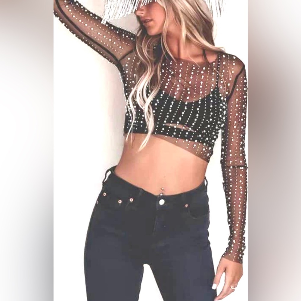 Pearl Rhinestone Sheer mesh top see through tee Crop Top Sz‎ Large Long Sleeve
